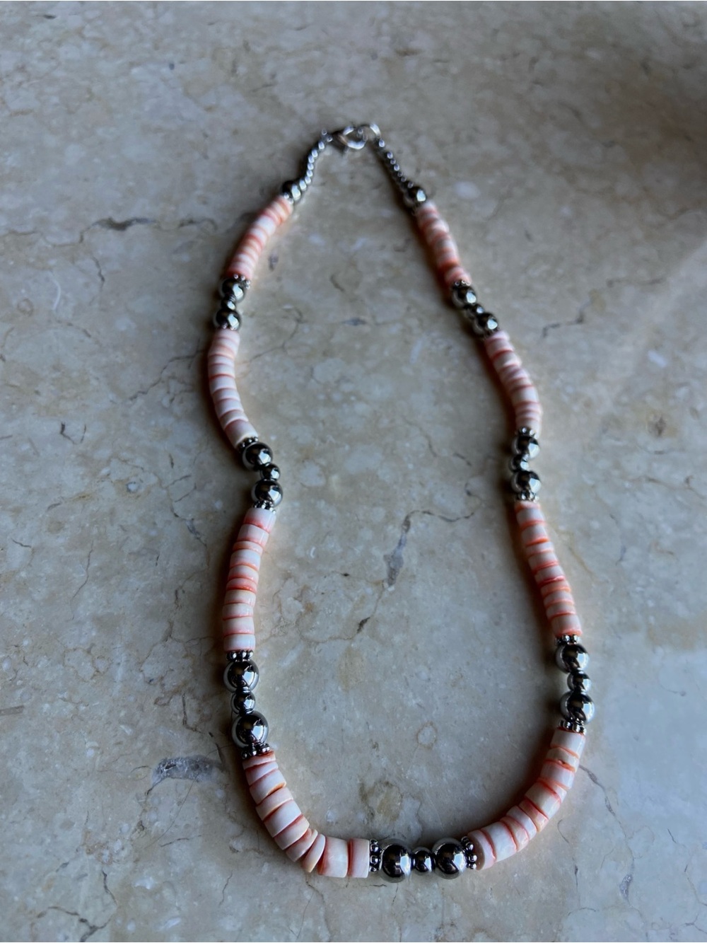 Pink Shell Disk Necklace with Stainless Steel Pearl Accents - Navajo Pearl Style